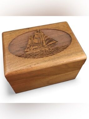 Vintage Lasercraft Walnut Oak Box Ship Sail Business Card Holder Trinket Box